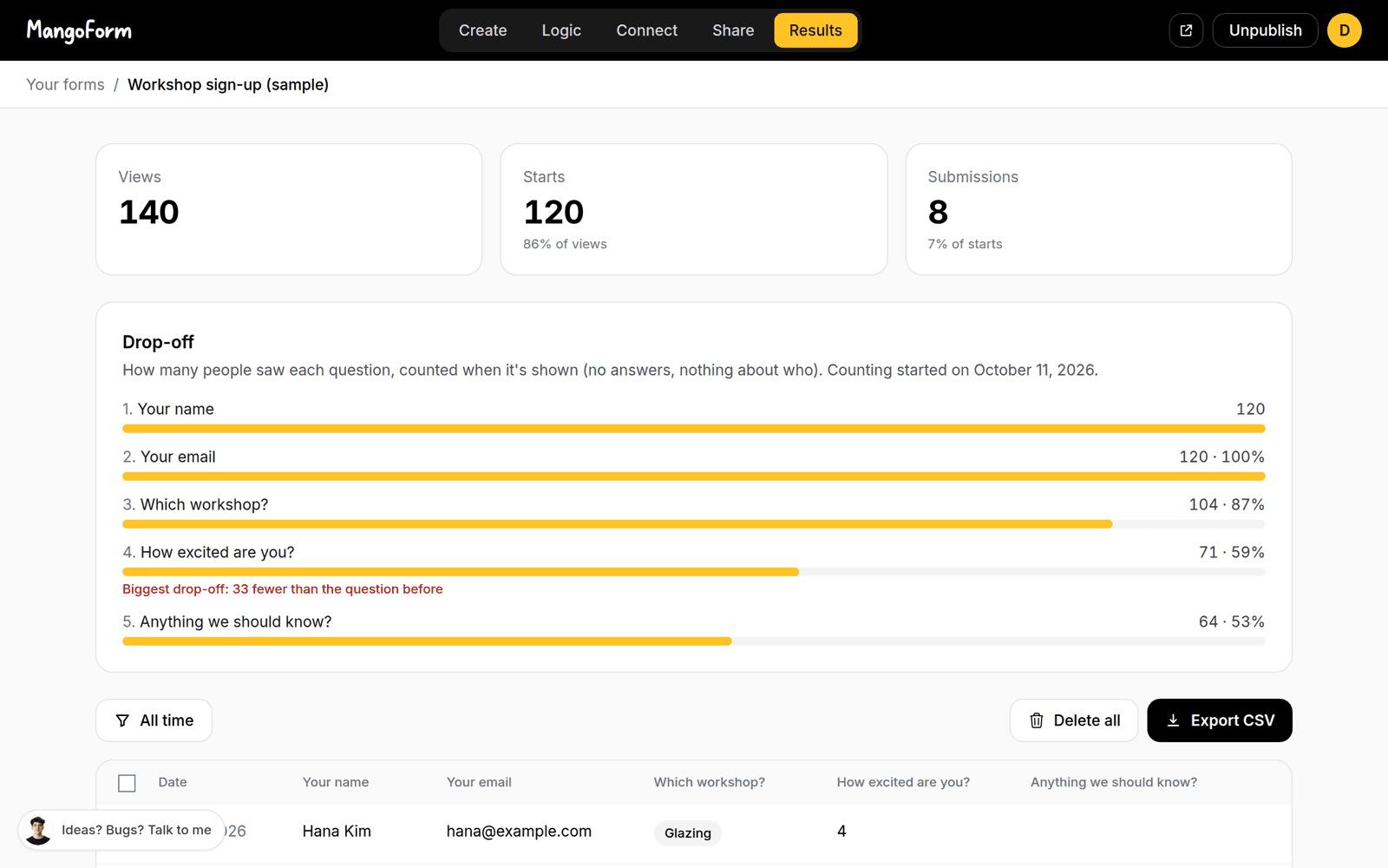 MangoForm screenshot (sample data)
