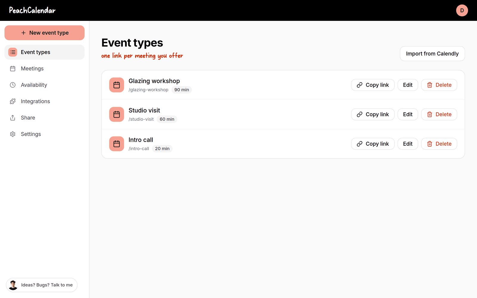 PeachCalendar screenshot (sample data)